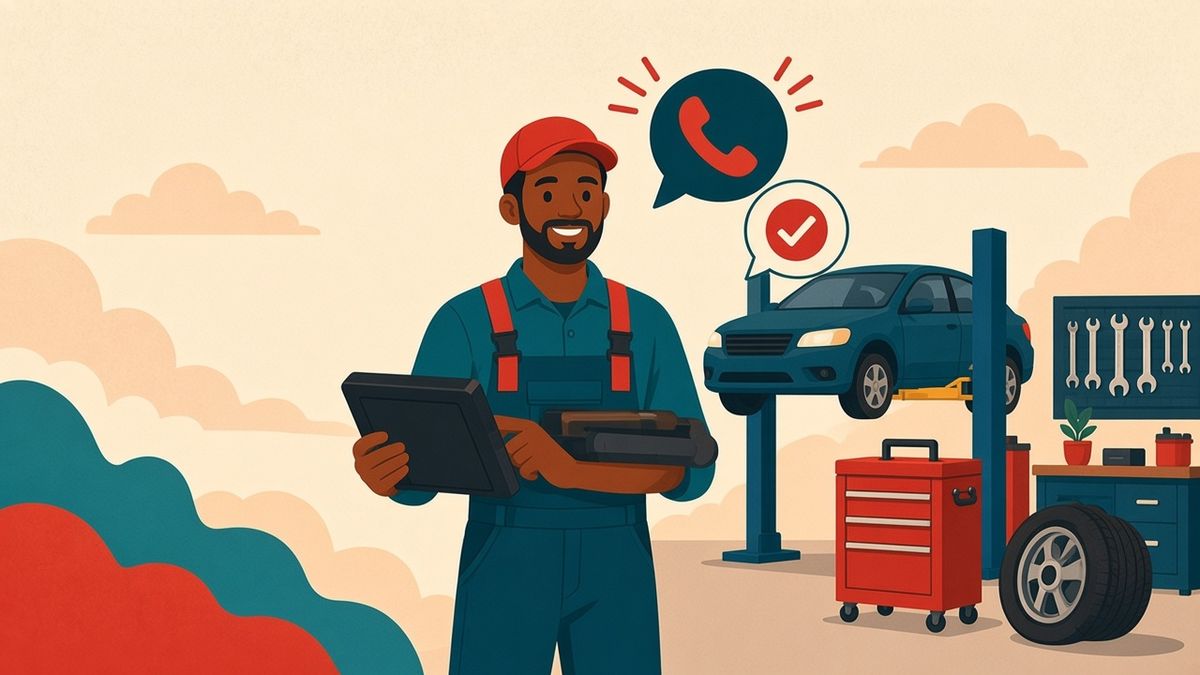 Illustration of a smiling mechanic working on a car while our team answers the ringing phone