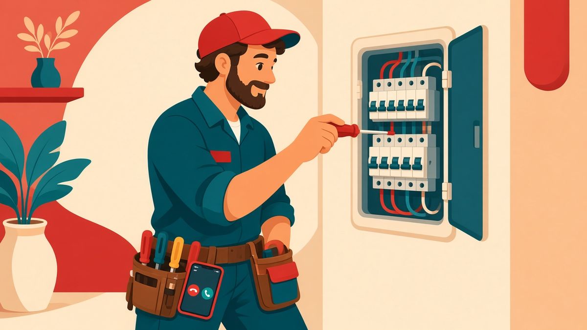 Illustration of a smiling electrician working on a panel while our team answers the ringing phone