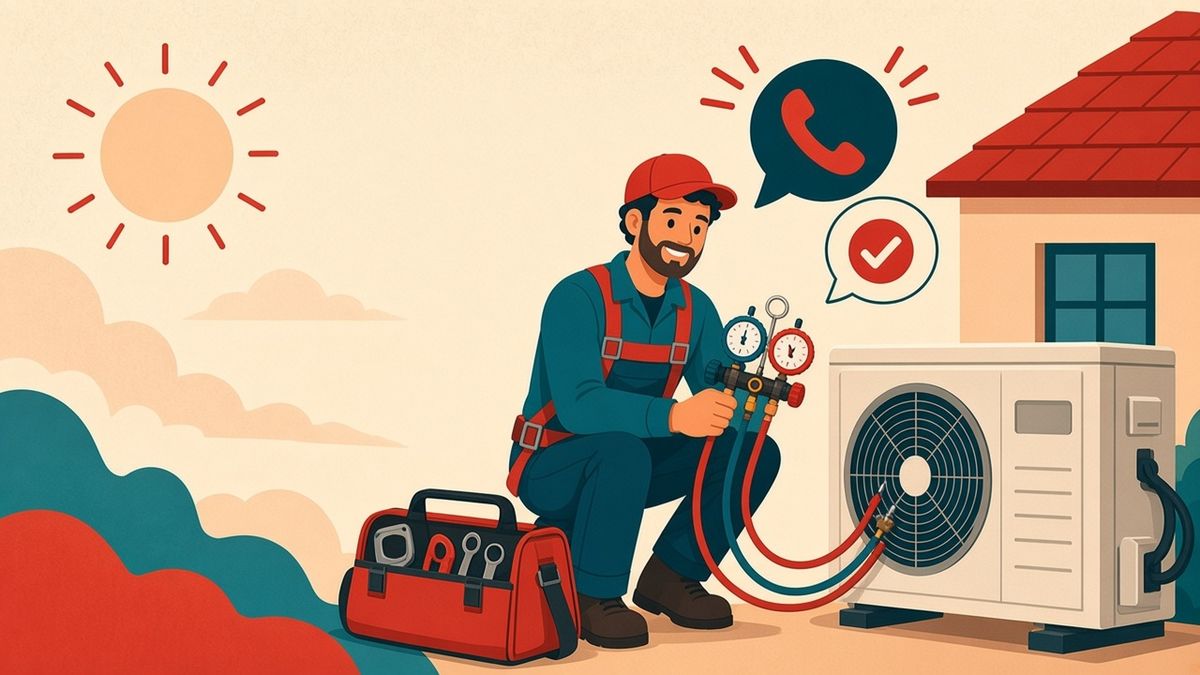 Illustration of a smiling HVAC tech servicing an AC unit while our team answers the ringing phone