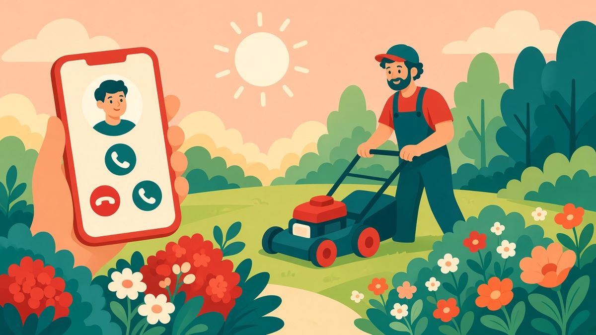Illustration of a smiling landscaper mowing a lawn while our team answers the ringing phone