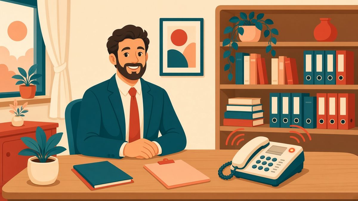 Illustration of a smiling lawyer at her desk while our team answers the ringing phone