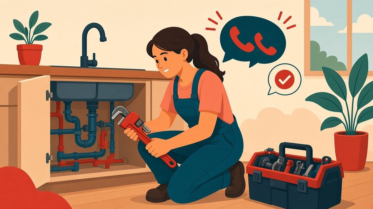 Illustration of a smiling plumber fixing pipes while our team answers the ringing phone