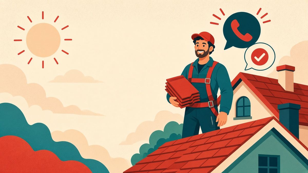 Illustration of a smiling roofer at work on a roof while our team answers the ringing phone
