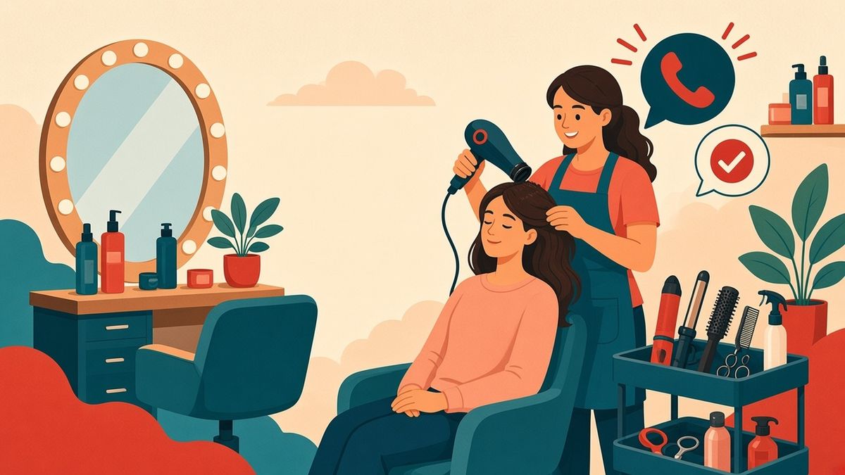 Illustration of a smiling stylist at her styling station while our team answers the ringing phone
