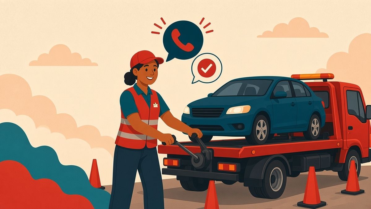 Illustration of a smiling tow truck driver hooking up a car while our team answers the ringing phone